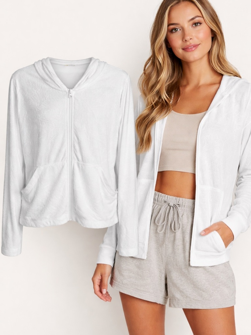 Zella | White Velour Zip Hoodie | Soft Lounge | Cozy Minimal | Medium
